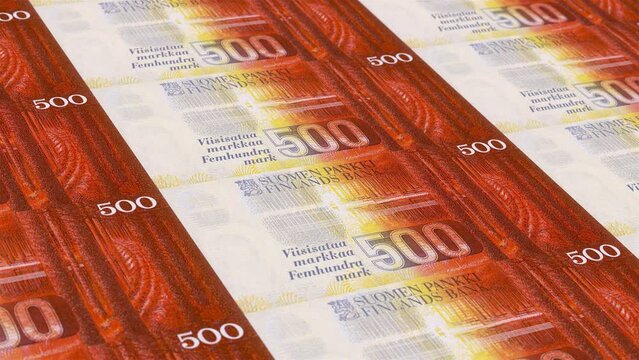 Finland Finnish Markka 500 Banknotes Money Printing House, Printing Five Hundred Finnish Markka, Printing Press Machine Print out Finnish Markka, Being printed by currency press machine 500