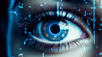 Close up of female eye in digital cyberspace.