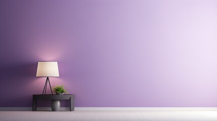 a purple wall with a lamp and a plant