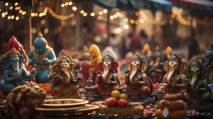 A bustling marketplace filled with colorful stalls selling Ganesh idols and religious trinkets during the festive season.