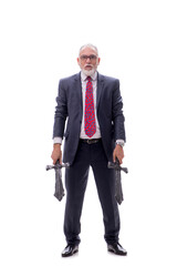 Old businessman holding saber isolated on white