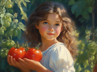 Fototapeta na wymiar Little girl with tomatoes in her hands. The concept of healthy nutrition.