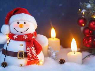 Snowman with candles and christmas balls on snow. Christmas background.