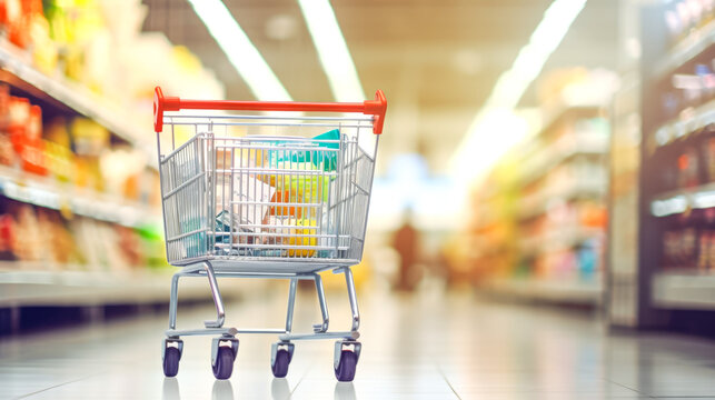Shopping cart in supermarket. Shopping concept. Blurred supermarket background.
