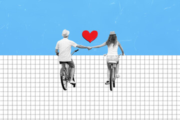 Collage picture of smiling charming couple riding bicycles enjoying weekend together isolated...