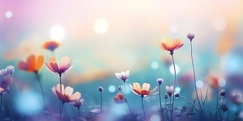  soft focus cosmos flowers with bokeh glitter glow light, beautiful wildflower blossom field landscape, dreamy spring background wallpaper, Generative Ai © QuietWord
