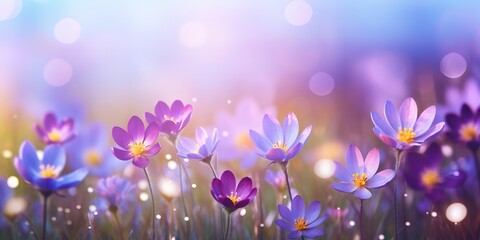 soft focus crocus flowers with bokeh glitter glow light, beautiful wildflower blossom field...