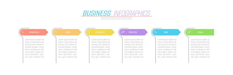Business infographics. 6 stages of achieving the goal. Stages of the workflow, development, marketing, plan or training. Business strategy with icon icons. Report or statistics schema
