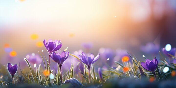 soft focus crocus flowers with bokeh glitter glow light, beautiful wildflower blossom field landscape, dreamy spring background wallpaper, Generative Ai