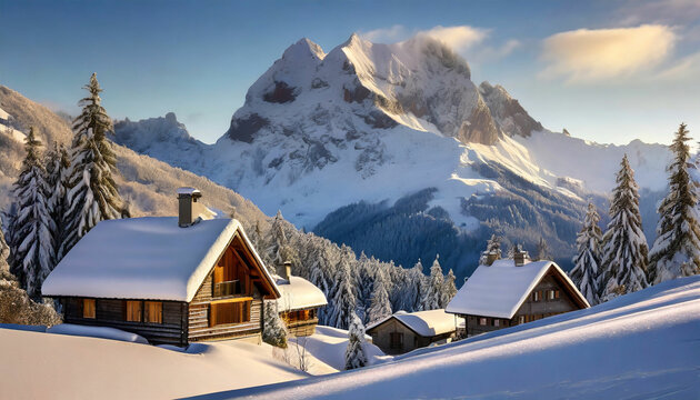 Painting of winter skiing christmas mountain cottage scene in beautiful landscape in the alps