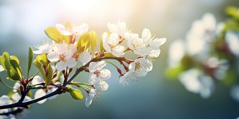 soft focus plum flowers with bokeh glitter glow light, beautiful wildflower blossom landscape, dreamy spring background wallpaper, Generative Ai