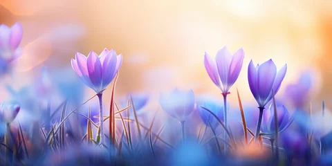 Poster soft focus crocus flowers with bokeh glitter glow light, beautiful wildflower blossom field landscape, dreamy spring background wallpaper, Generative Ai © QuietWord