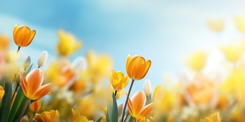 soft focus yellow tulip flowers with bokeh glitter glow light, beautiful wildflower blossom field landscape, dreamy spring background wallpaper, Generative Ai - obrazy, fototapety, plakaty