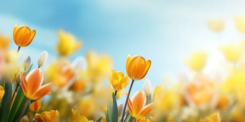 Fotobehang soft focus yellow tulip flowers with bokeh glitter glow light, beautiful wildflower blossom field landscape, dreamy spring background wallpaper, Generative Ai © QuietWord