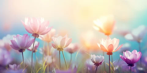 Tuinposter soft focus daisy flowers with bokeh glitter glow light, beautiful wildflower blossom field landscape, dreamy spring background wallpaper, Generative Ai © QuietWord