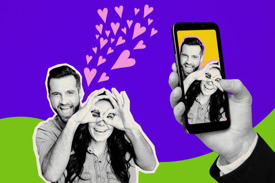 Artwork collage of black white colors arm hold smart phone make picture two funky lovers hands binoculars eyes isolated on purple background