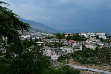 Girokastra is a city in southern Albania, in the valley of the Drinos River. Administrative center of the region and municipality. Mediterranean climate. Traditional houses In Albania, Europe.