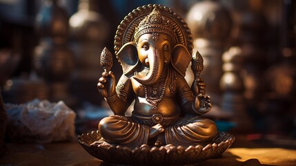 A close-up of a bronze Ganesh figurine, with its delicate details beautifully highlighted by a beam of sunlight.
