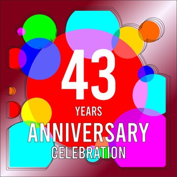 43 Years anniversary celebration with colorful circles and traces over a red wine color gradient background