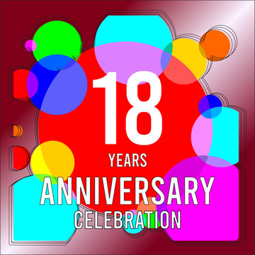 18 Years anniversary celebration with colorful circles and traces over a red wine color gradient background