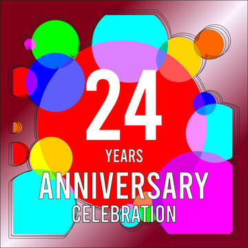 24 Years anniversary celebration with colorful circles and traces over a red wine color gradient background