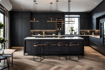 Modern grey kitchen features dark grey flat front cabinets paired with white quartz countertops