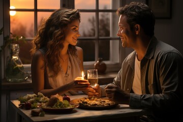 A husband in love brings his wife breakfast