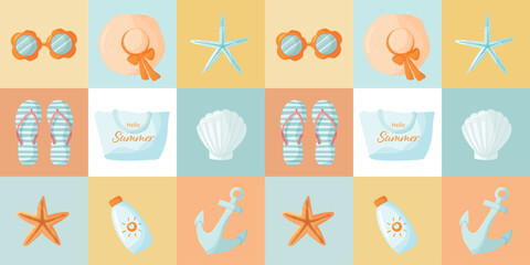 Summer mosaic seamless pattern with various beach elements. Bright beach banner with sunglasses, seashells, sun cream, anchor and flip flops. Nautical summer collage with various beach elements.