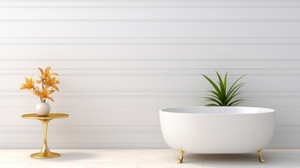 bathroom with white bathtub and plant.