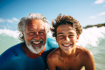 Happy father and son having fun on surfboard on the beach.