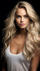 Portrait of a beautiful young blonde woman with long curly hair.