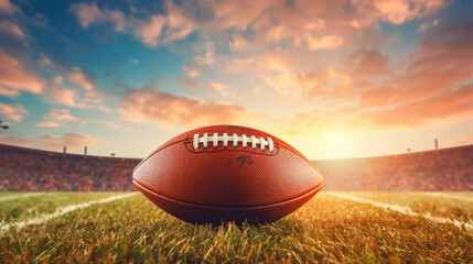 American football ball on green grass field with sunset sky background. Copy space. - obrazy, fototapety, plakaty