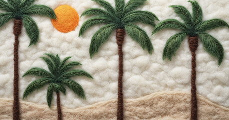 palm trees and sun felting cute - obrazy, fototapety, plakaty