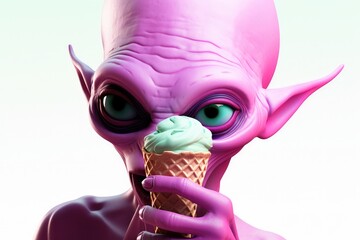 Alien With Ice Cream In His Hands On White Background - obrazy, fototapety, plakaty