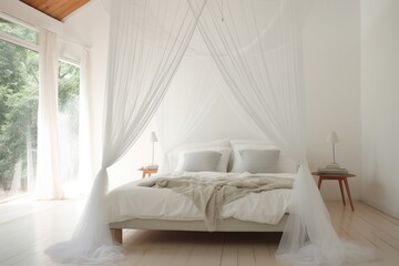 Minimalist Room With Round Mosquito Net For Bed. Сoncept Minimalist Décor, Round Mosquito Net, Bedroom Inspiration, Cozy Retreat, Serene Ambiance