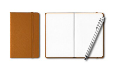 Beige closed and open notebooks with a pen isolated on transparent background