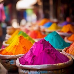 Gual colored powder is bagged in street shops for the Indian Hindu festival of Holi. Green, yellow, red, pink colors are available in organic and herbal options for this colorful event, AI generator