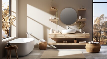 Fototapeta na wymiar Modern bright bathroom with bath in beige colors
