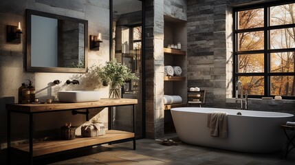 Modern gray style bathroom interior with white bathtub