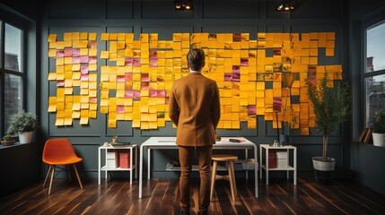 Businessman looking at Yellow Sticky notes on the wall