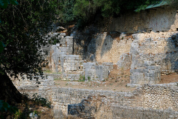 Ruins of the Great Basilica in Butrint National Park, Buthrotum, Albania. Triconch Palace at Butrint Life and death of an ancient Roman house Historical medieval Venetian Tower surrounded
