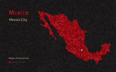 Mexico Map with a capital of Mexico City Shown in a Mosaic Pattern. Black background