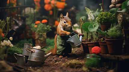 A gardening squirrel tending to a variety of plants in a backyard garden, Anthropomorphic animals, animal character, with copy space