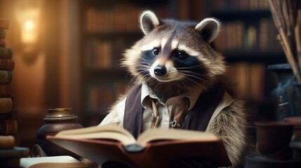 A curious raccoon exploring a library and reading books, Anthropomorphic animals, animal character, with copy space