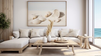 A coastal-themed living room with seashell and driftwood wall art, evoking a tranquil beach vibe.
