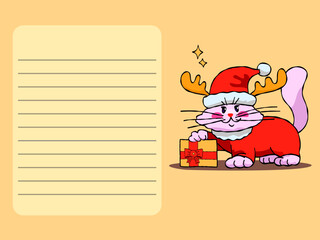 A cat in a Santa hat and with deer antlers Postcard. Printing and decoration. Shopping list. To-do list. Holiday gift.