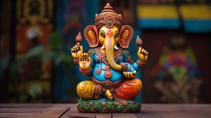 A colorful clay Ganesh idol, intricately decorated with vibrant patterns, against a backdrop of rustic wooden planks. - obrazy, fototapety, plakaty