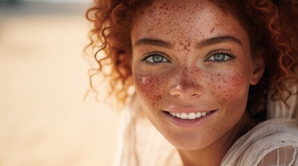A close up of a woman with freckles on her face. Generative AI. - obrazy, fototapety, plakaty