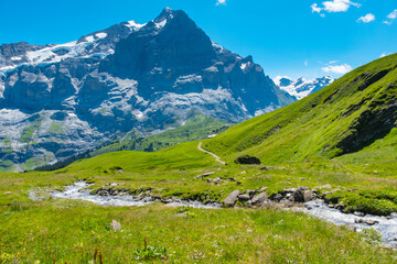 View on the alpine valley Grindelwald. Jungfrau, Switzerland. Under the Bernese alps. Mountain village.