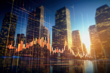 financial chart on cityscape with skyscrapers background.